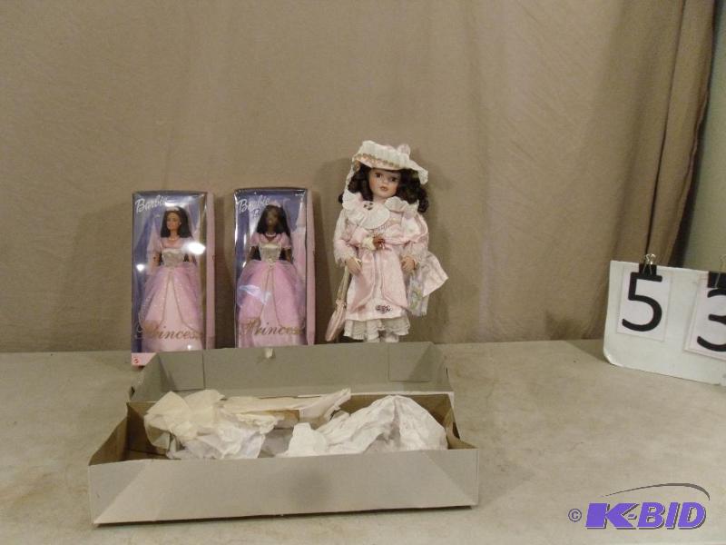 2 Old Barbies in Boxes and Porcelain Doll. Bo...