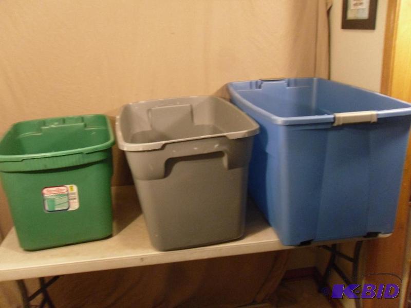 Lot of 3 Assorted Totes. No Lids. 45 Gallon, ...