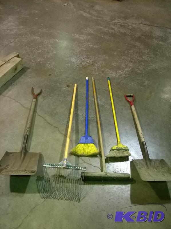 lot 128 image: Lot of Shovels, Rake & Brooms