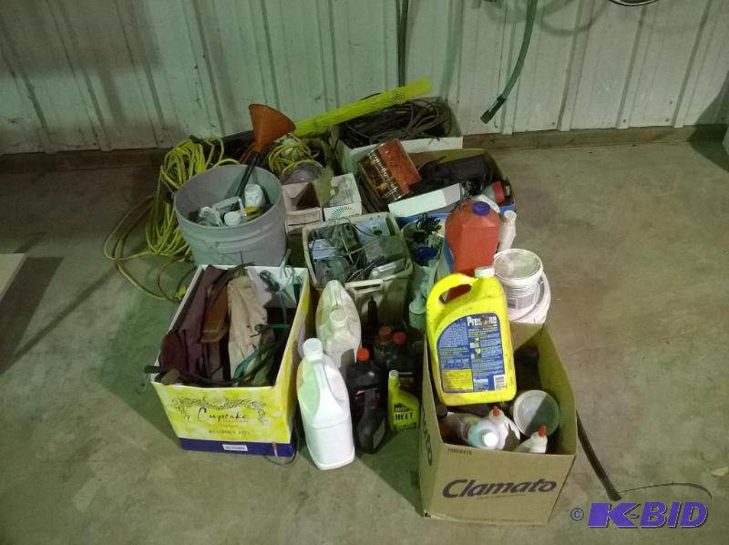 lot 238 image: Lot of Miscellanous, chemicals, extension cords, funnel, & more