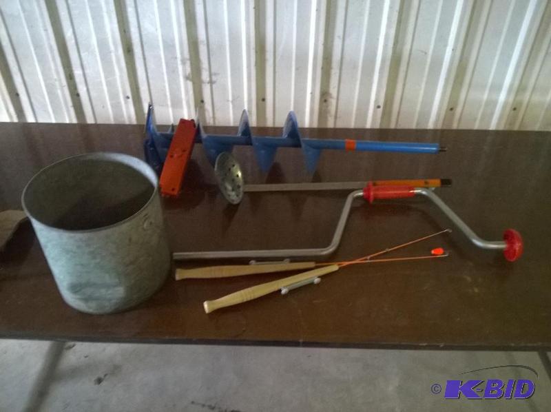 lot 72 image: Ice Fishing Lot, Auger, Scoop, Bucket & Jig Sticks