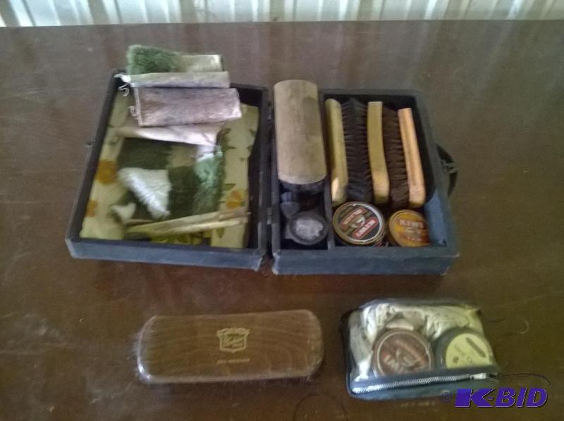 lot 73 image: Vintage Shoe Shine Kit with Horse Hair Brushes