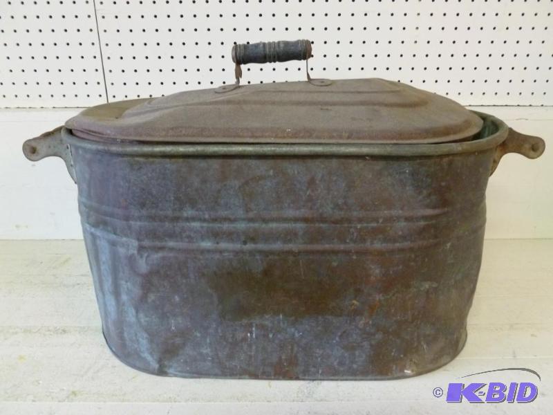 lot 12 image: Large Antique Copper Boiler With Lid, has som...