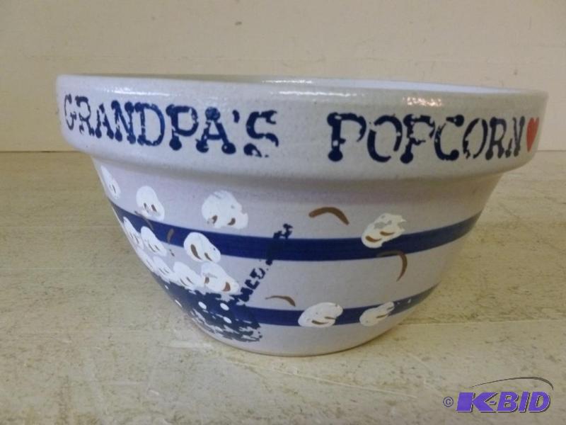 lot 19 image: Large blue banded crock mixing bowl that meas...
