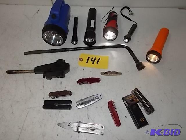 lot 141 image: Asstd Tools, Knives, & Flashlights...