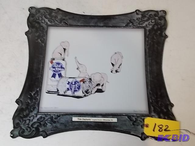 lot 182 image: Pabst Pink Elephants Tin Sign, 23 x 20...