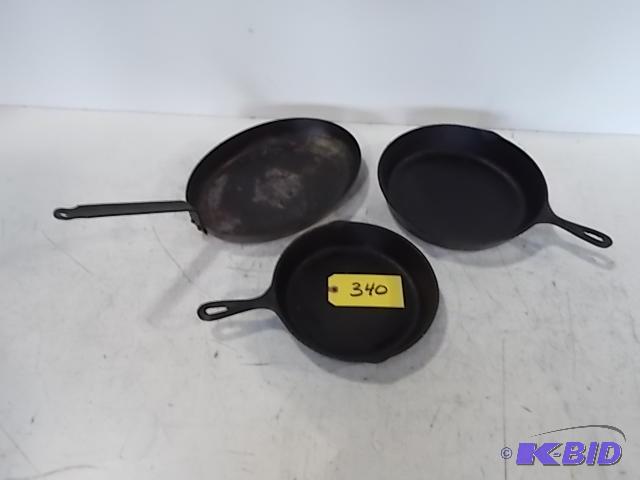 lot 340 image: (2) Cast Iron & (1) Steel Frying Pans...