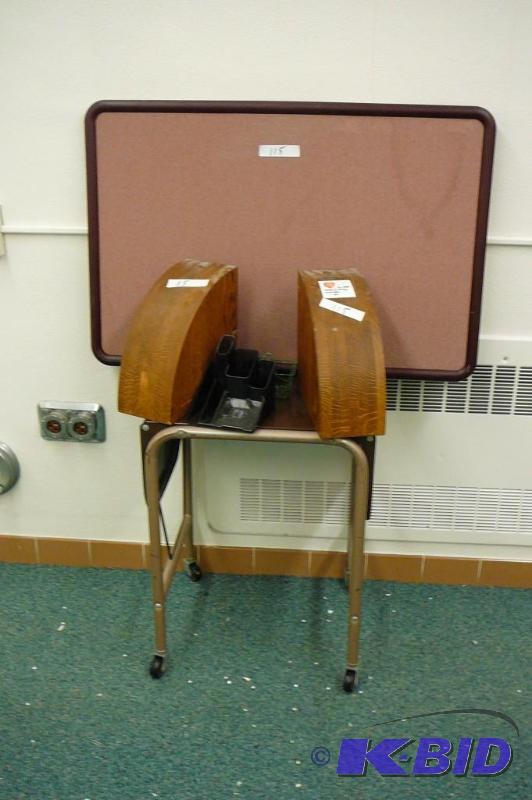 lot 115 image: Metal cart on caster with 2 oak book ends, pi...