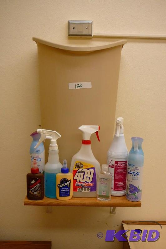 lot 120 image: Shelf, garbage can and cleaning supplies ...