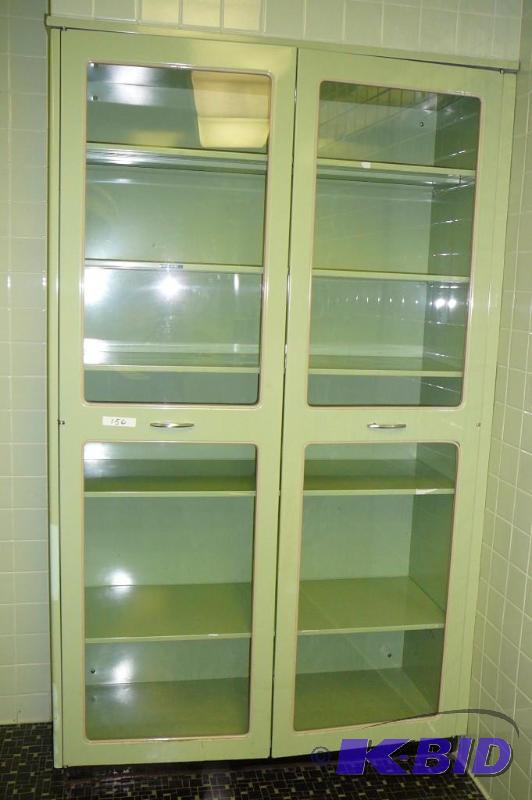 lot 156 image: Vintage 2 door metal cabinet with glass doors...