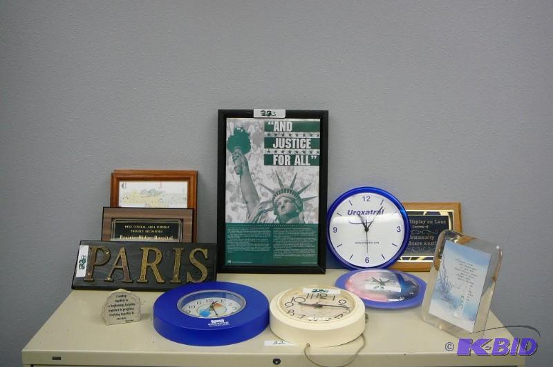 lot 23 image: 4 clocks, wooden picture frames, Pairs wall h...