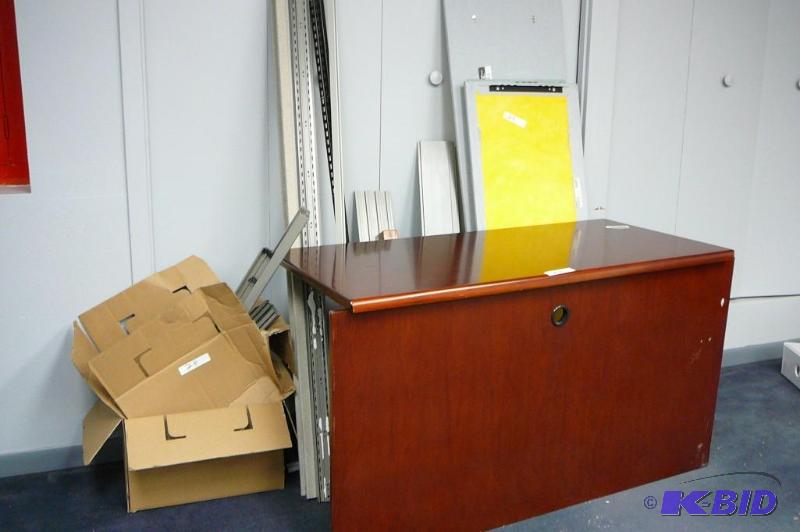 lot 28 image: Lot of misc. shelving brackets, desk wing pin...