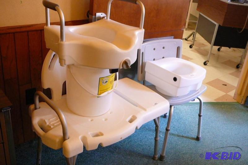 lot 53 image: 2 shower chairs, 2 stool risers and buckets &...