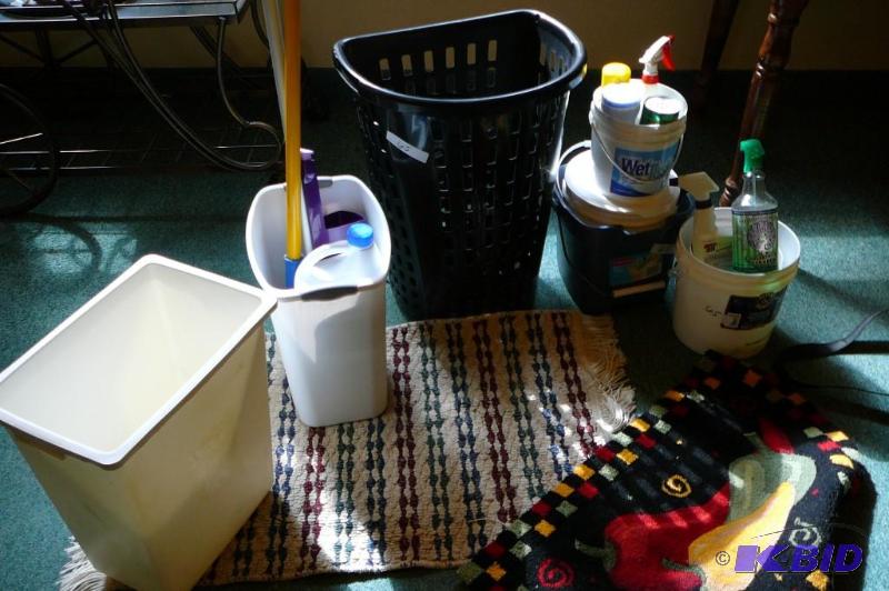 lot 65 image: Lot of cleaning supplies, cloth clothes hampe...