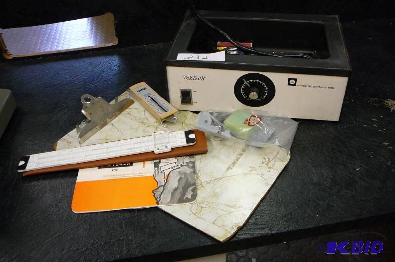 lot 232 image: Tek bath, slide ruler, ohous scale and clip b...