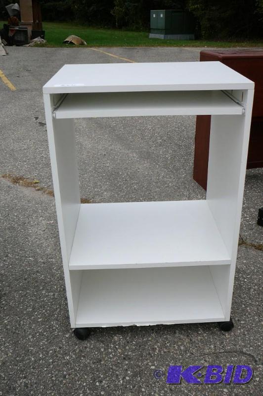 lot 326 image: White wooden stand on casters with pull out k...
