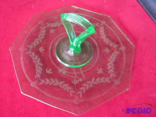 lot 39 image: 12 inch green Uranium Depression etched glass...