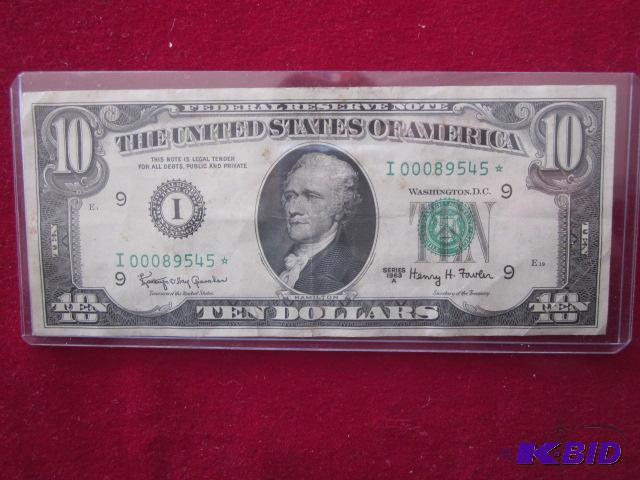lot 9 image: 1963 $10 Dollar Star Note, Rare, in very nice...