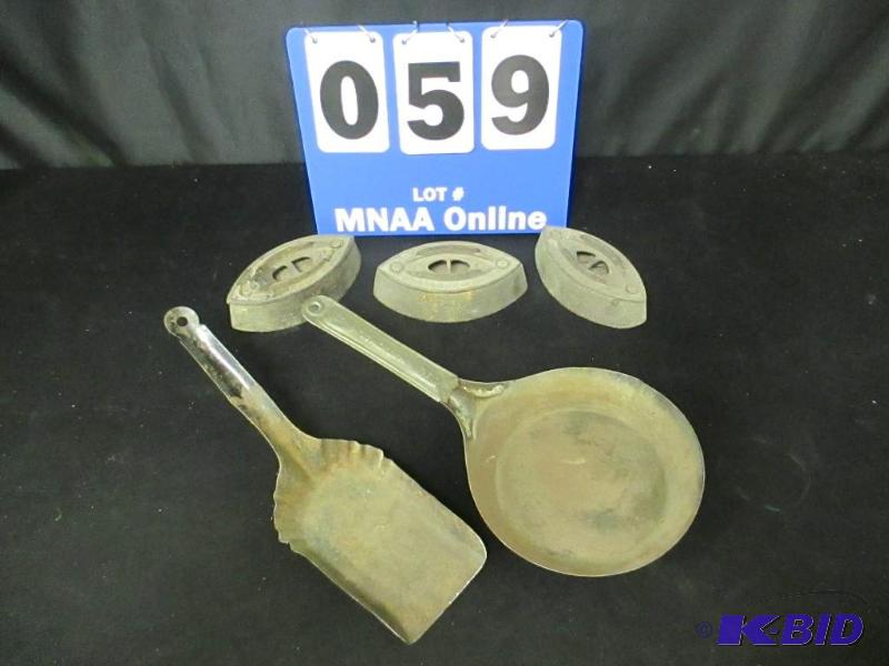 lot 00059 image: Vintage Cast Iron Irons and Metal Pan