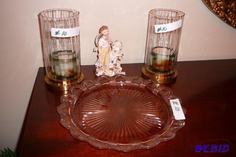 Pink glass serving platter&nbspwith 2 glass ...
