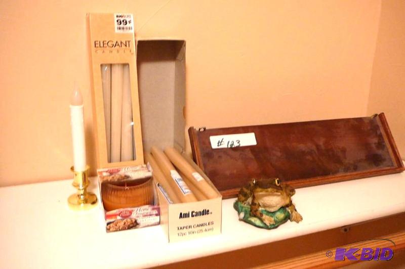 Lot of miscellaneous candles, shelf and frog&...