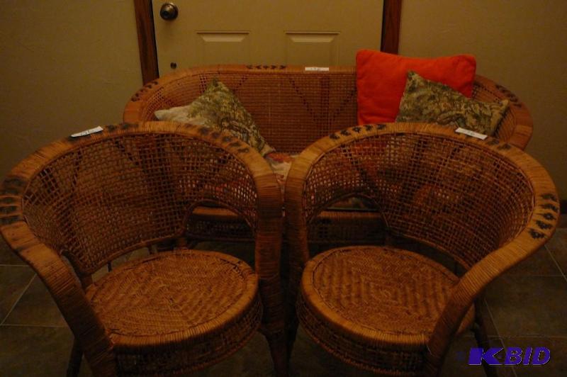 Wicker bench and 2 wicker matching chairs wit...