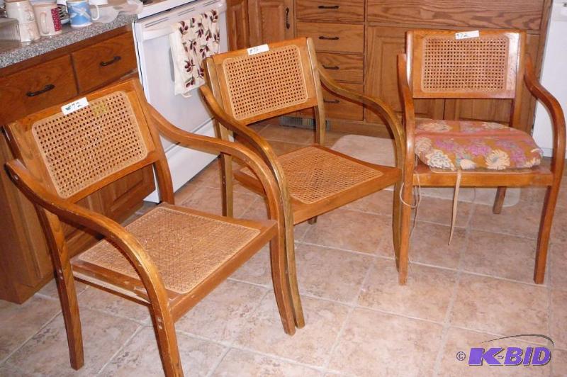 3 oak and wicker chairs...