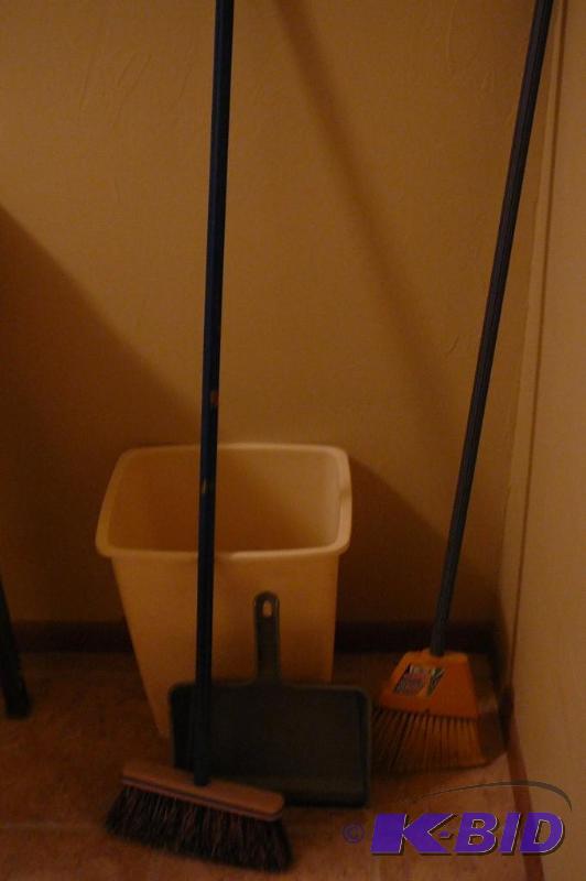 Trash can, dust pan and broom...