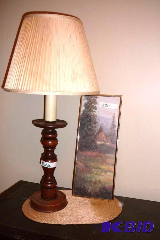 lot 230 image: Wooden lamp 31-12&quotT with native print &...