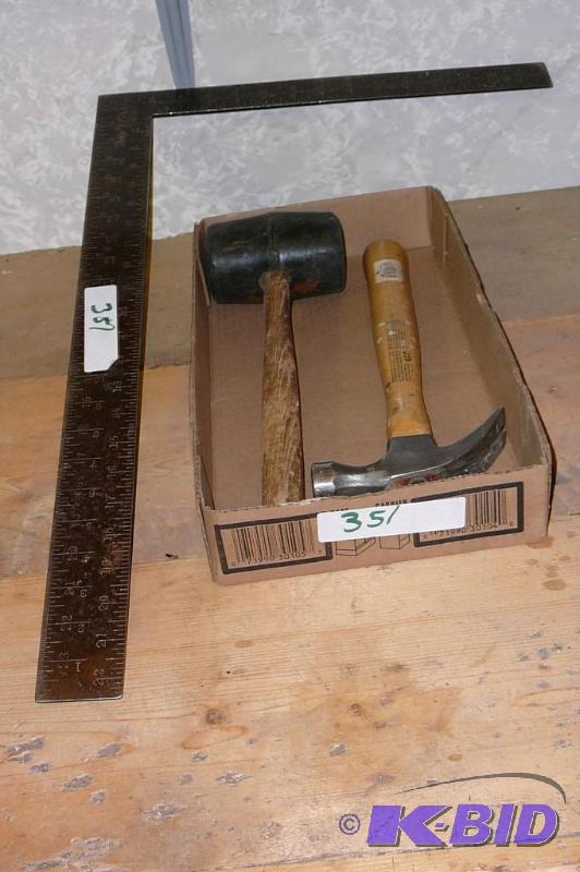 lot 351 image: Claw hammer , mallet and metal square ...