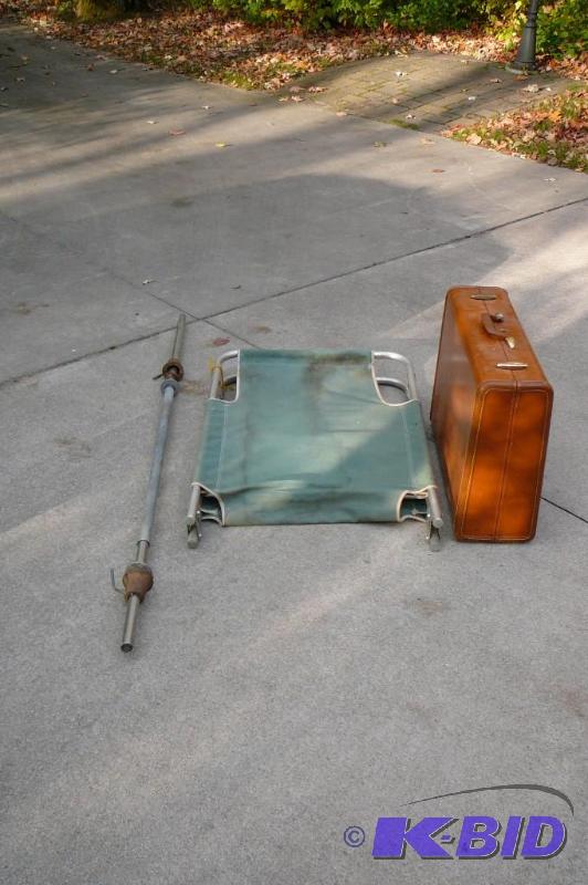 lot 372 image: Suit case , folding cot and dumb&nbspbell ba...