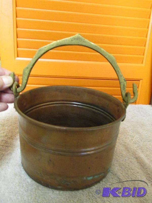 lot 5 image: Old Copper Pail with Ornate Brass Handle - Excellent