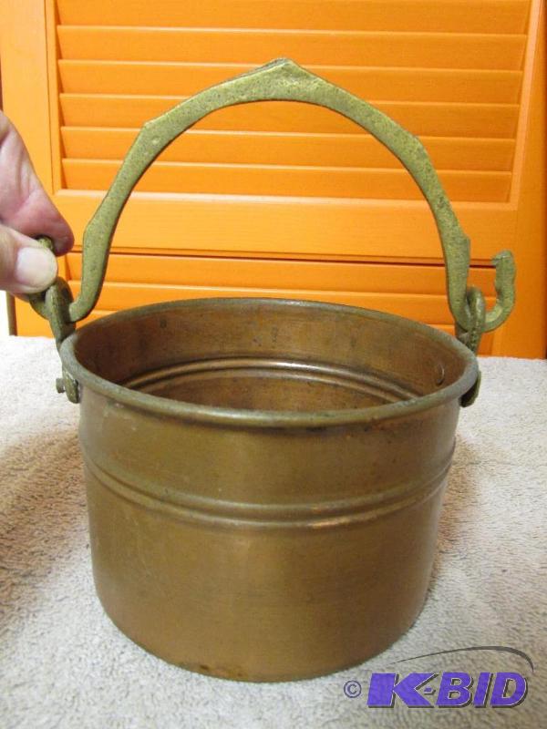 lot 6 image: Old Copper Pail with Ornate Brass Handle - Excellent