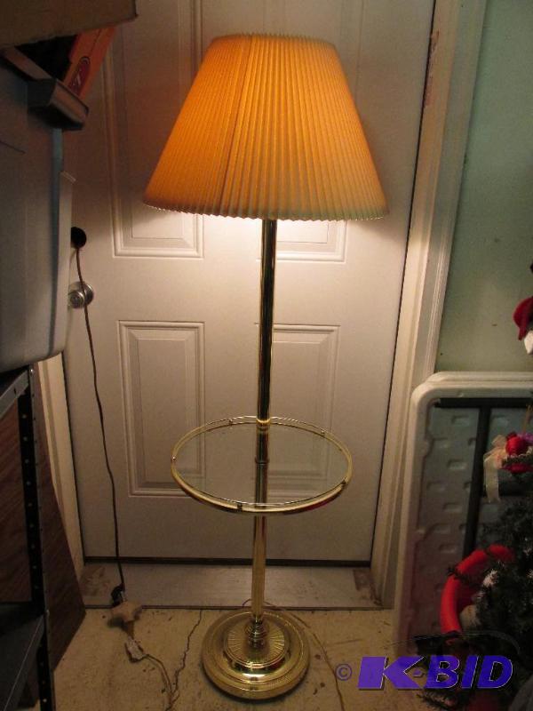 lot 7 image: Gold Colored Lamp and Glass End Table - Great Condition