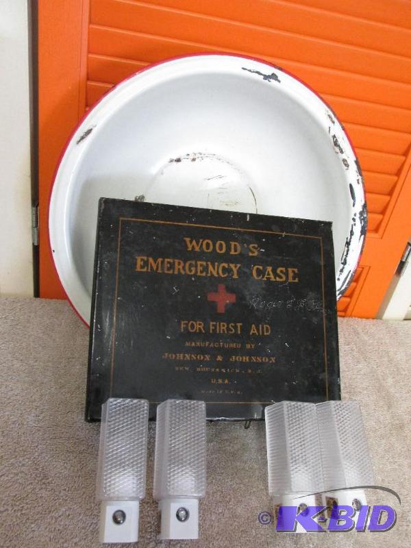 lot 83 image: Vintage Metal Woods Emergency First Aid Book, Enamel Bowl and Four Motion Sensor Nite Lite