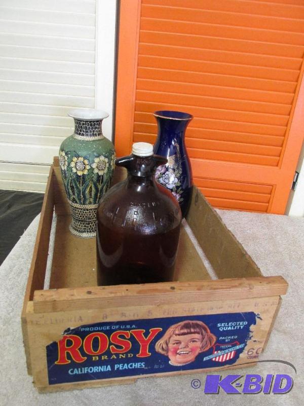lot 84 image: Peach Box, Hi - Lox Bottle and Two Very Nice Vases.