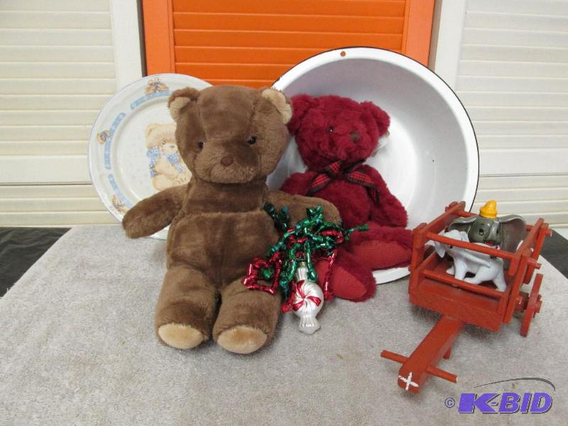 lot 98 image: Two Stuffed Bears, White Enamel Bowl, Neat Little Red Cart and a Couple of Elephants