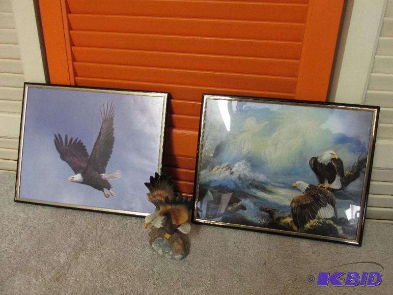 lot 99 image: Two 8 X 10 Eagle Pictures and a Small Eagle Statue.