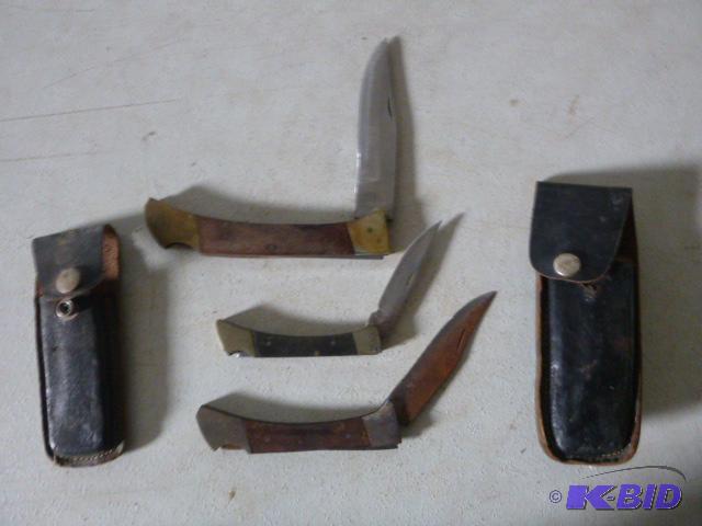lot 161 image: Three Lock Blade Knives with Two Sheaths...