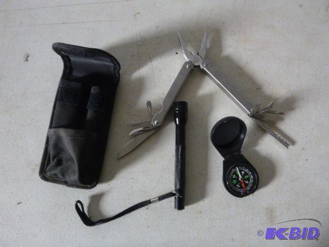 lot 165 image: Multi Tool Flashlight and Compass with Case...
