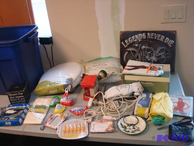 Blue Bin Filled With Different Items, Metal S...
