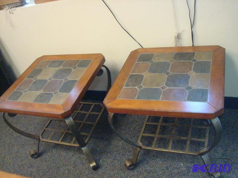 Pair Of End Tables, Metal Legs, Stone Top...