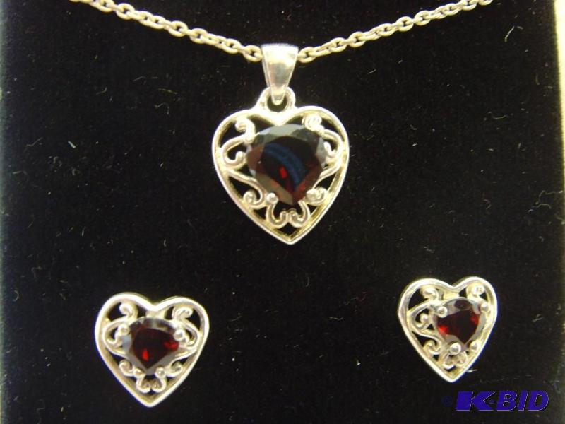 Silver Tone Ruby Heart Set