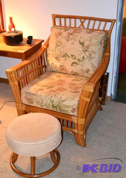 lot 116 image: RattanBamboo Chair with ottoman. Matching co...