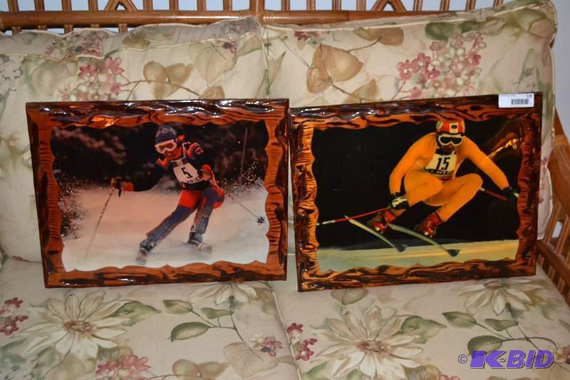 lot 125 image: Vintage ski prints on wood 19x15"...