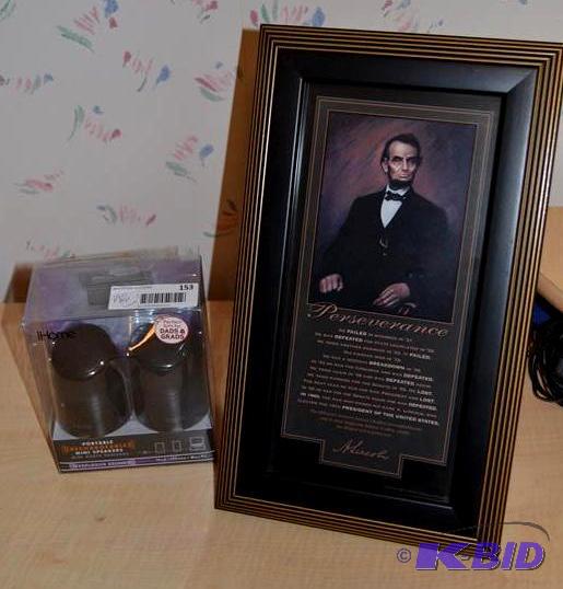 lot 153 image: Abe Lincoln framed art and tine speakers...