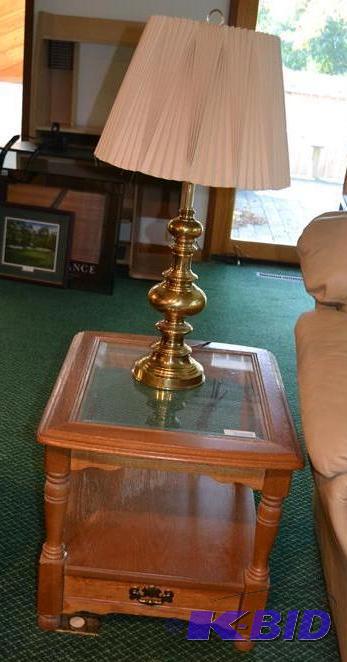 lot 25 image: Bassett oak glass end table with drawer. size...