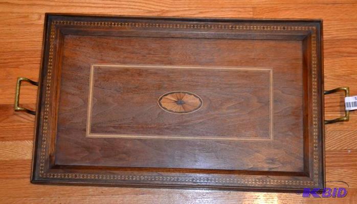 lot 51 image: Antique or vintage inlaid wood serving tray. ...