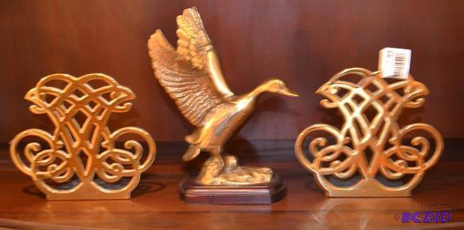 lot 53 image: 2 Brass Ornate book ends and a brass Duck fig...