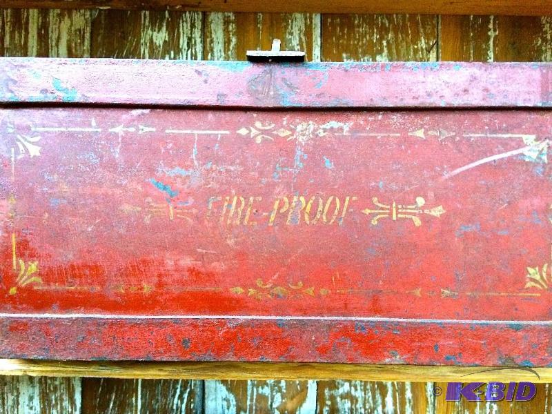 lot 24 image: ANTIQUE WESTERN STAGECOACH IRON FIREPROOF LOCK SAFE STRONG BOX OLD RED PAINT